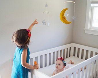 The Man In the Moon Mobile - Yellow Ochre Moon with Silver Leather Stars - Baby Mobile - Handmade Mobile - Nursery Mobile - Moon & Stars