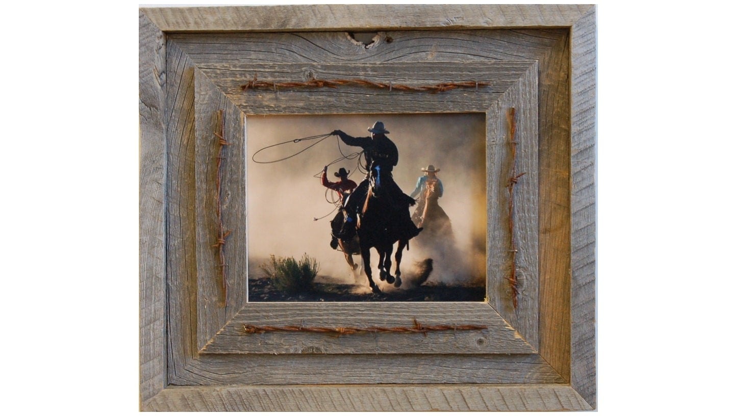 Western Barnwood Frame with Barbed Wire The Laramie