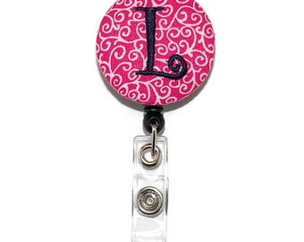 Pink Swirls with Navy Single or Three Letter Monogram Badge Reel - Personalized Embroidered Retractable ID Name Tag Holder