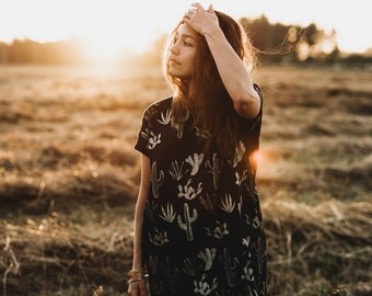 Golden Cactus Big Tee, oversized t-shirt dress, hand printed metallic gold cacti, made in the USA by Simka Sol®