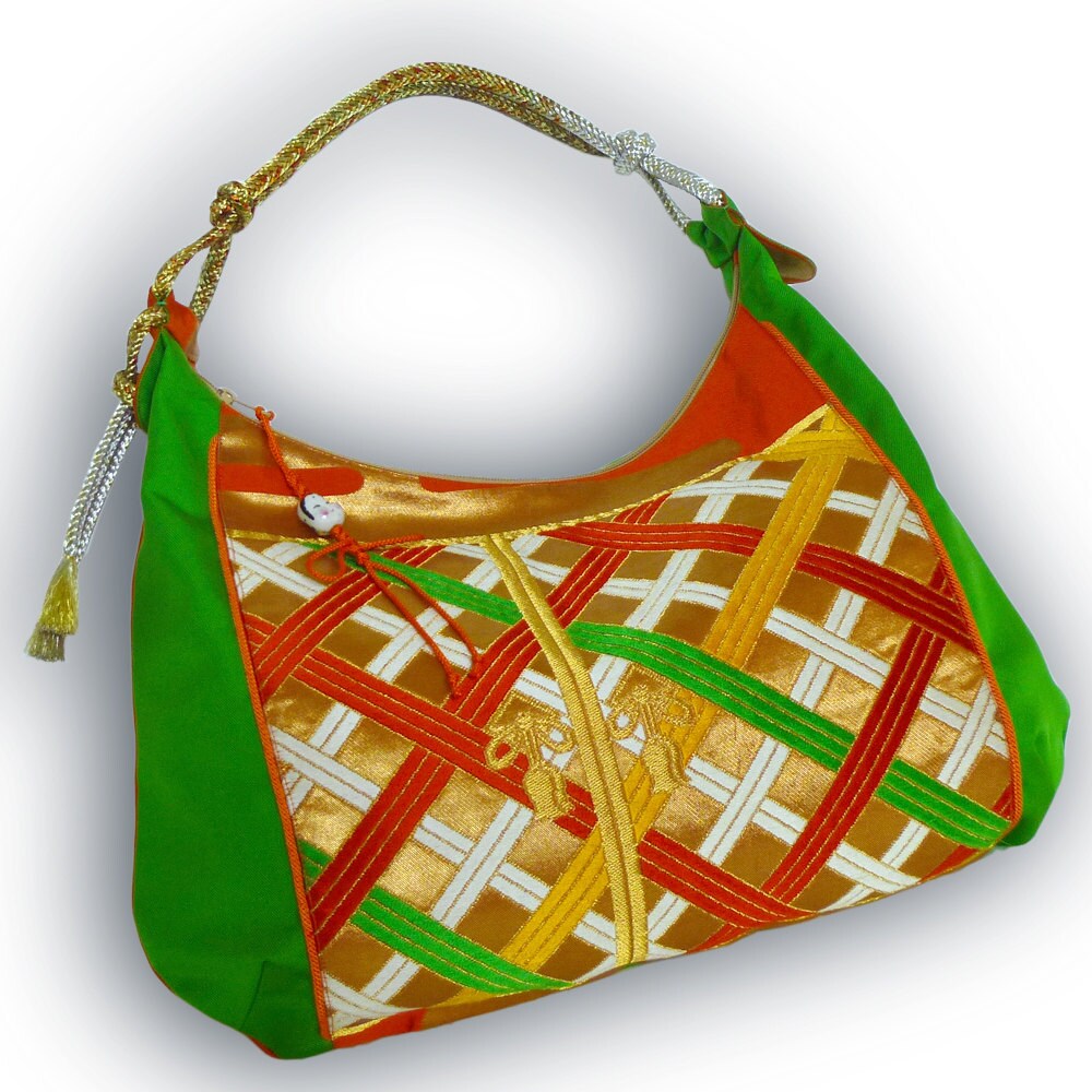 Japanese Obi Over Size Hobo Bag Bright Green Orange