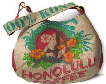 MTO. Custom. Island Girl Burlap Hobo Handbag. Repurposed Honolulu Coffee Company Bag. Handmade in Hawaii.