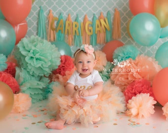 Peach Mint and Gold Tutu Dress Outfit, Baby Girls 1st Birthday Outfit, Cake Smash Dress