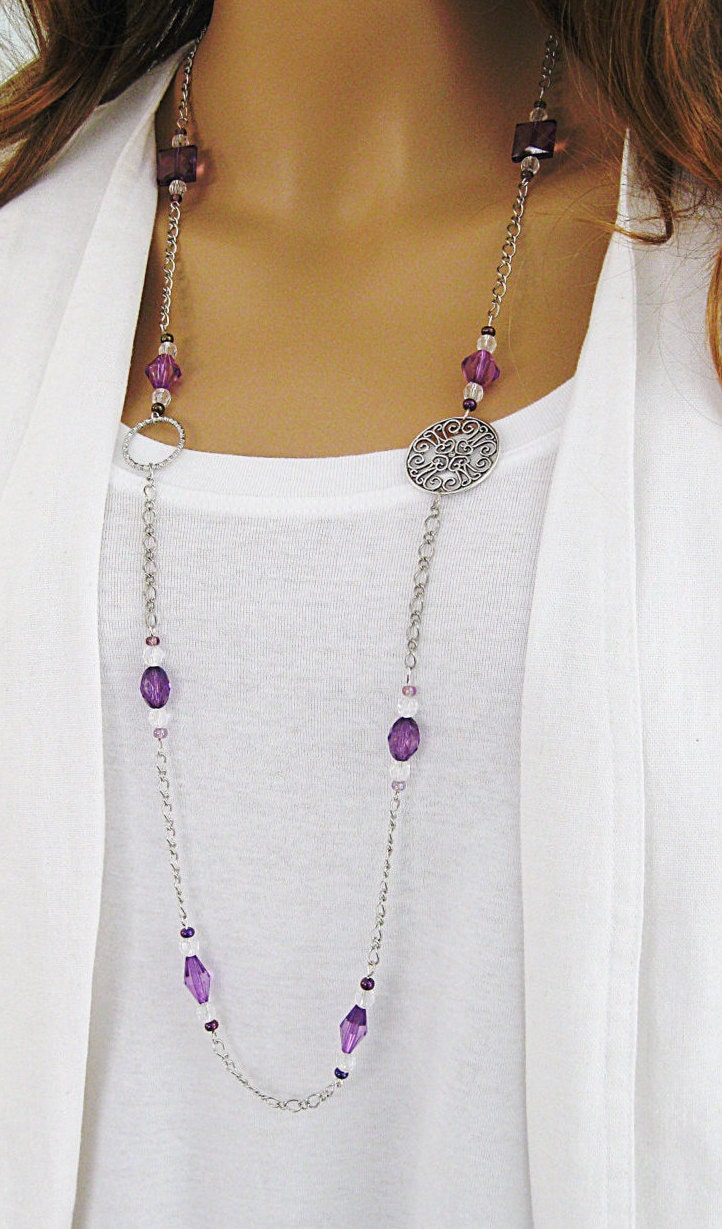Long Purple Beaded Necklace Silver Chain Necklace Purple