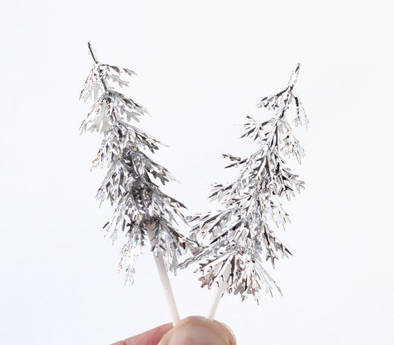 Silver Pine Tree Cupcake Toppers, Winter Cupcake Picks, Christmas Cupcake Toppers (12) Il_570xn