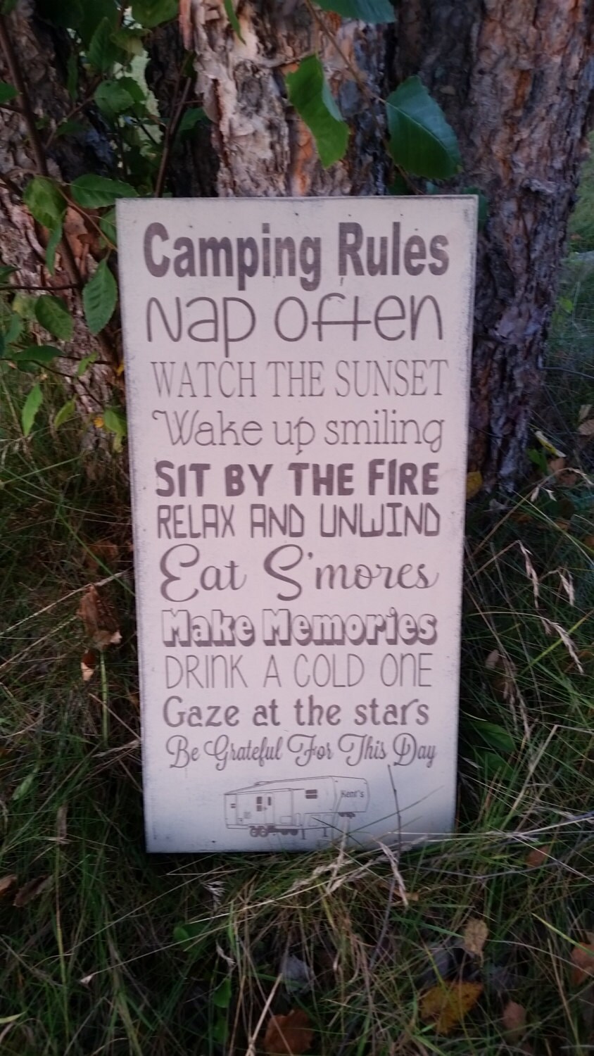 Camping Rules Sign rustic 10x20x1 custom personalized by Wildoaks