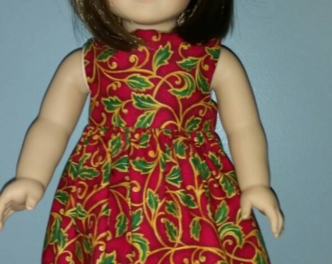 Red sleeveless doll dress with holly design fits 18 inch dolls