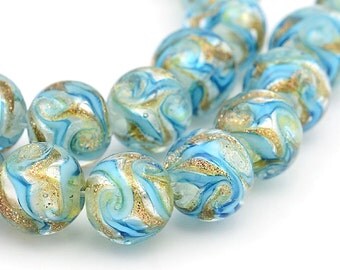 10 Lampwork Beads Gold Sand Hand Made 11mm Absolutely Stunning - BD898