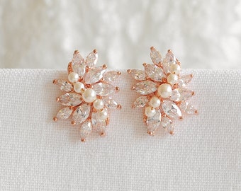 Rose Gold Wedding Earrings, Bridal Stud Earrings, Crystal Flower Cluster Stud Earrings, Swarovski Pearl Errings, Bridal Jewelry, LORETTA