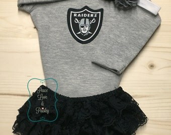 Oakland Raiders Bodysuit, Lace Diaper Cover and Headband Set Made from Oalkand Raiders Fabric, Baby Girl Raiders Outfit, Raiders Baby, NFL