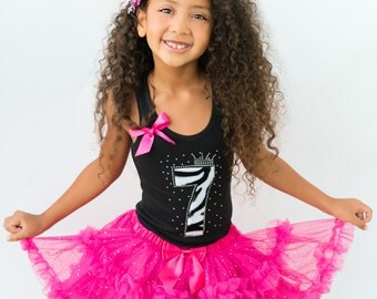 Girls Zebra Birthday Tutu Dress, 7th Birthday Outfit, Black White Zebra, Rhinestone Number Seven, Hot Pink Tutu Set, Seventh Birthday 7yrs