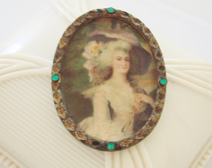 Antique Brass Tin Victorian Lady Lithograph Portrait Brooch / Cameo Style / Reenactment / Green Rhinestones / Vintage Jewelry / Jewellery