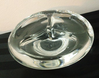 Vintage 6" Round Clear Blown Art Glass Three-Section Divided Candy Dish or Ashtray