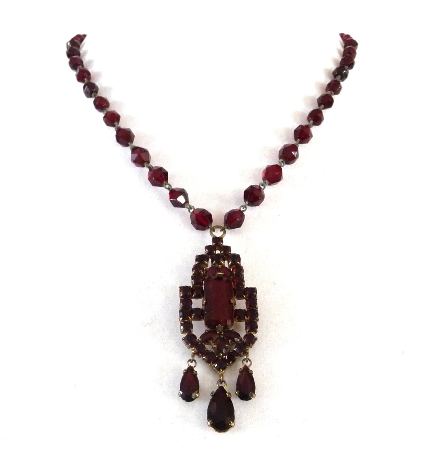 Vintage Art Deco Czech Garnet Glass Necklace Signed 1920s 2787