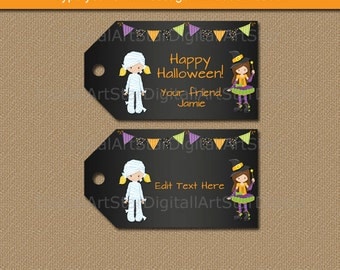Girl Halloween Tags, Halloween Party Tags, EDITABLE Halloween Tags, Witch Halloween Printables, Halloween Gift Tags, Halloween Download HCBK