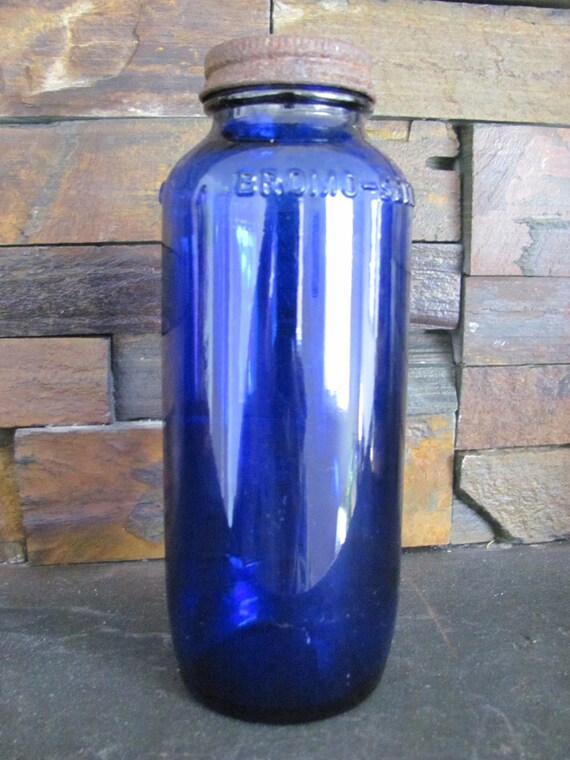 Vintage Cobalt Blue Glass Jar with Metal Lid Bromo Seltzer