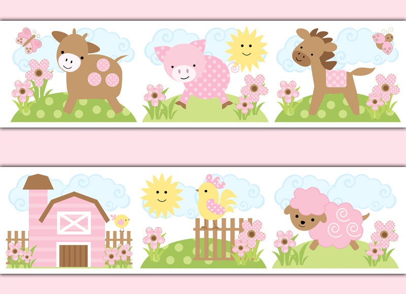PINK BARNYARD FARM Animals Wallpaper Border Wall by decampstudios