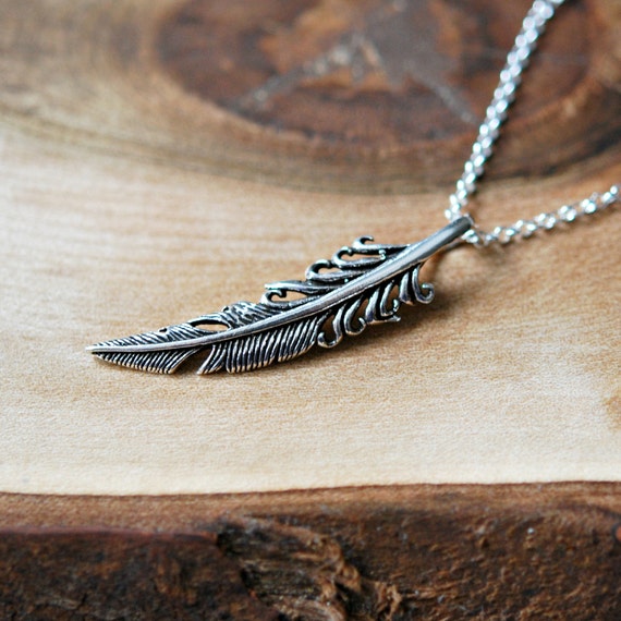 Sterling silver feather necklace bohemian large pointed