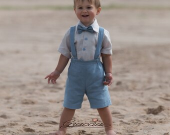 boy bearer baby ring outfit clothing suspenders linen suit shorts
