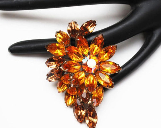 Rhinestone Brooch- Brown orange Crystal - Flower - Floral Pin