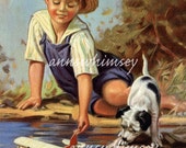 Dog Little Boy and Airplane "Let's Make It Fly" Antique Art Print Restored, Boys Room Wall Hanging, Dog Lover's Gift #206 Dog Little Boy and Airplane "Let's Make It Fly" Antique Art Print Restored, Boys Room Wall Hanging, Dog Lover's Gift #206