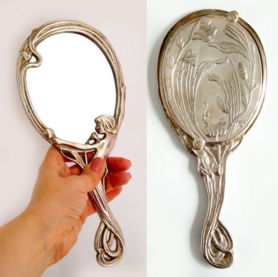 Antique French Silver plated Hand Mirror RESERVED