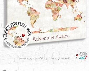 Adventure Awaits World Map, Push Pin, World Map, Map on Canvas, Framed World Map, Bedroom Wall Art, vintage colors, map for pins, Travel map