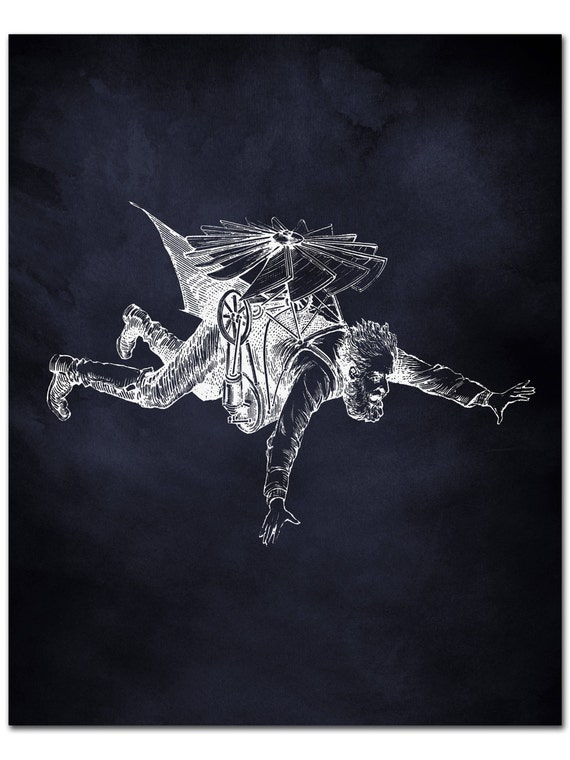 Man and Flying Contraption Wall Art Vintage Fantasy Invention Poster, Man & Propeller Parachute Steampunk Wall Art, Flying Contraption Print by AdamsAleArtPrints steampunk buy now online