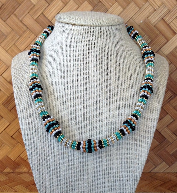 Items similar to Hand beaded necklace in a herringbone pattern with