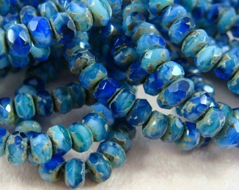 Czech Beads, 5x3mm Rondelle, Czech Glass Beads - Cobalt Blue and Aqua Blue Picasso Rondelle (R5/RJ-1772) - Qty 30