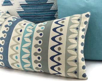 Navy, Aqua, Gray & Taupe Ikat Throw Pillow Cover, Ikat Lumbar Pillow Cover, 12x20, Moroccan Pillow Cover