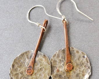 Mixed metal Copper and silver nickel dangling earrings, hammered metal earrings, rustic earrings, artisan earrings