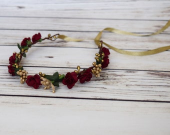 Handcrafted Burgundy and Gold Flower Crown - Flower Halo - Bridesmaid Flower Crown - Autumn Flower Crown - Winter Rose - Ribbon Tie Back