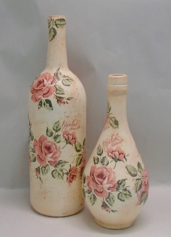 Set of 2 Handmade Decoupage Glass Decorative Bottles Vintage