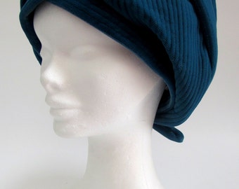 Vintage Teal Blue Needlecord Hat, dark blue beret type hat, vintage blue hat with bow, 1960's soft hat, dark blue vintage hat
