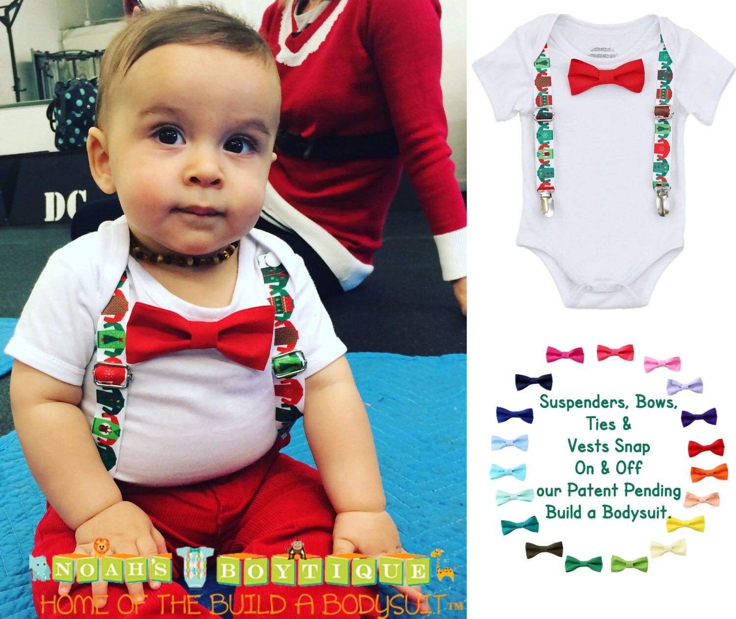 Ugly Sweater Party Christmas Outfit Baby Boy Suspenders Bow