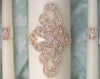 Unity Candle Set, Gold Wedding Candle Unity, Rhinestone Unity Candle Wedding Gold Bling Unity candles for wedding decor, sparkle wedding