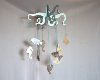 Wooden baby mobile silver ,Nursery mobile , Baby crib mobile, Wooden mobile, marine Hanging Mobile, sea decor, Beachy wall Art ,Beach Decor