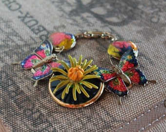 FANCY FLIGHT Vintage Bauble Bracelet Repurposed Butterflies Flower