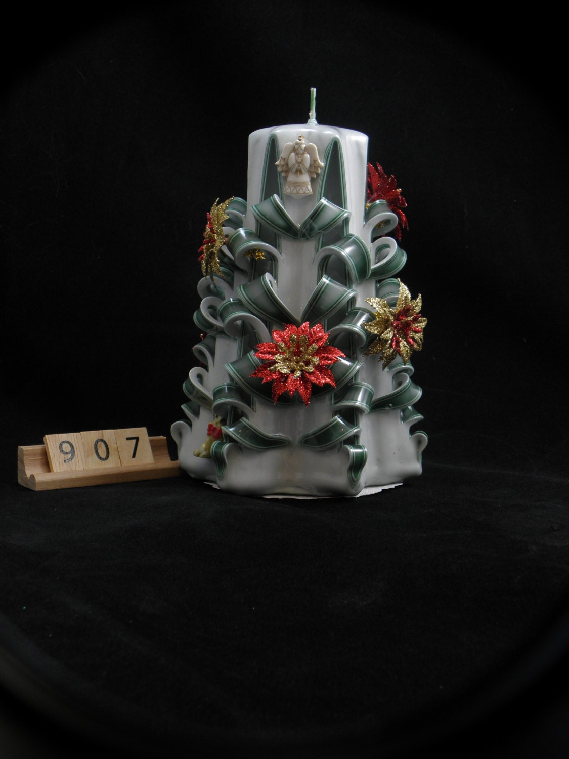 Hand Carved Candle Green and White Christmas Tree Carve 7