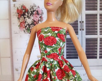Handmade Barbie Clothes - Red Rose Dress, 11.5" Fashion Doll Clothes