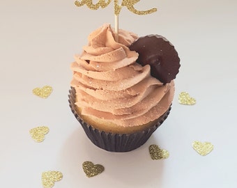 Love Cupcake Topper, Cupcake Toppers, Glitter Cake Toppers, Bridal Shower Decor, Golden Wedding Decor, Bachelorette Cupcake, Bridal Cupcake