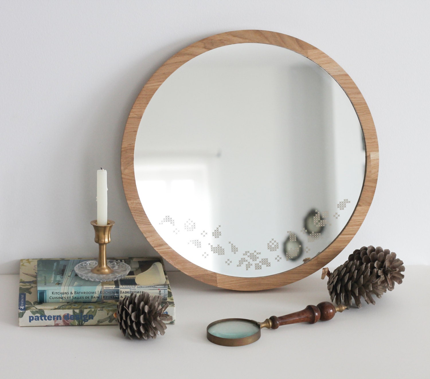 Large round mirror // Birds cross stitch mirror // Decorative