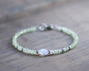 Delicate Prehnite & Moonstone Bracelet in Sterling Silver or Gold Filled Beads, White Pale Green Gemstone Bracelet, Beaded Prehnite Jewelry