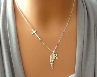 Personalized Angel Wing Necklace - Sideways Cross - Memorial Necklace - Remembrance Necklace Rememberance Jewelry - Sterling Silver