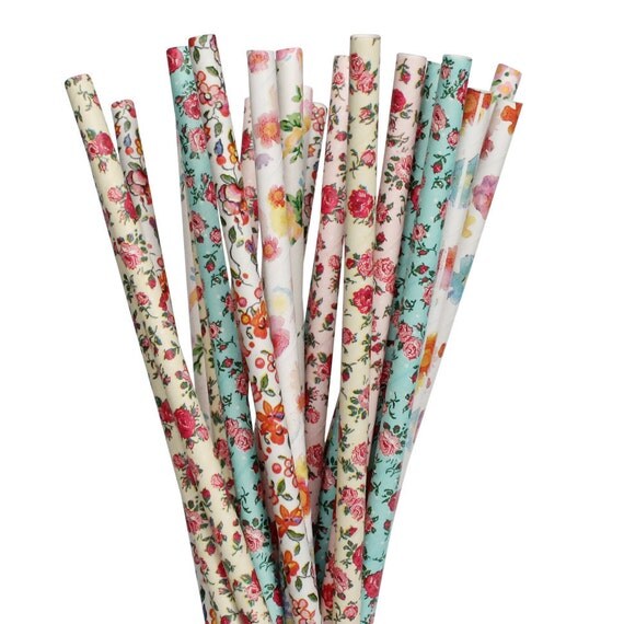 Floral Paper straws, pixie tea party, Vintage garden bridal shower, rustic wedding, fairy party straws, flower high tea, sip and see party Il_570xn