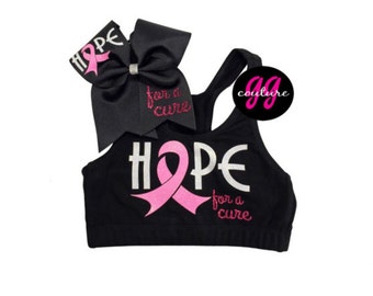 Custom Glitter "Hope For a Cure" Breast Cancer Awareness Sports Bra & Bow