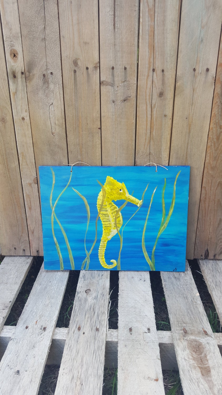 Yellow Seahorse on Thin Wood Wall Art Home Decor by LeahInspired1