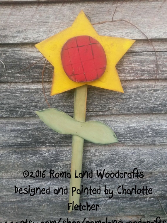 Large Yellow Star Flower, Red Center and Green stem leaves, Primitive Hand painted Wall Decor, Summer Spring decor, Decoration, Whimsical
