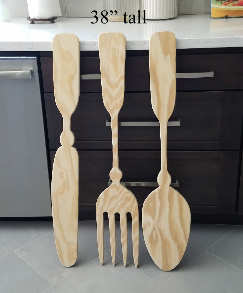 Large Wood knife fork and spoon wall decor handmade kitchen